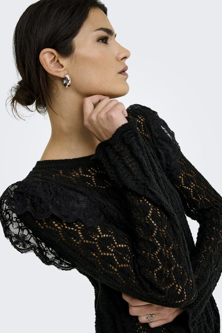 Only - Onlashley Ls O-Neck Mix Knt - 4805321 Black Dtm Lace Bluser
