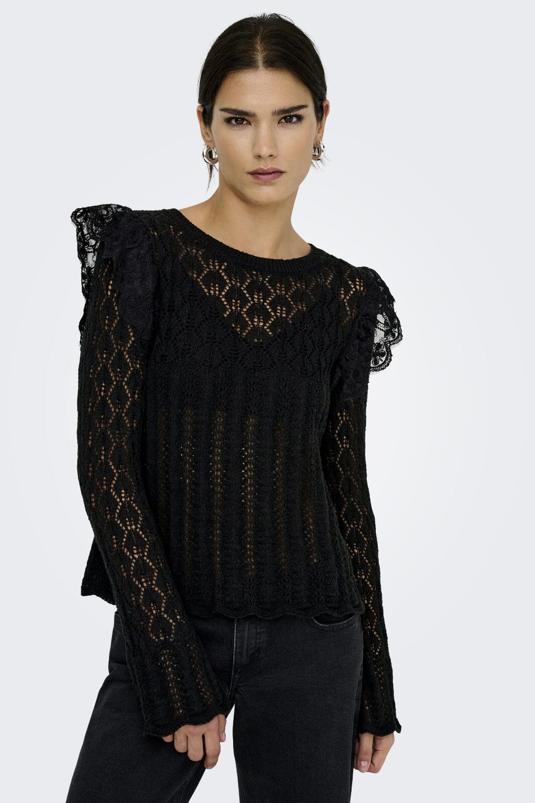 Only - Onlashley Ls O-Neck Mix Knt - 4805321 Black Dtm Lace Bluser