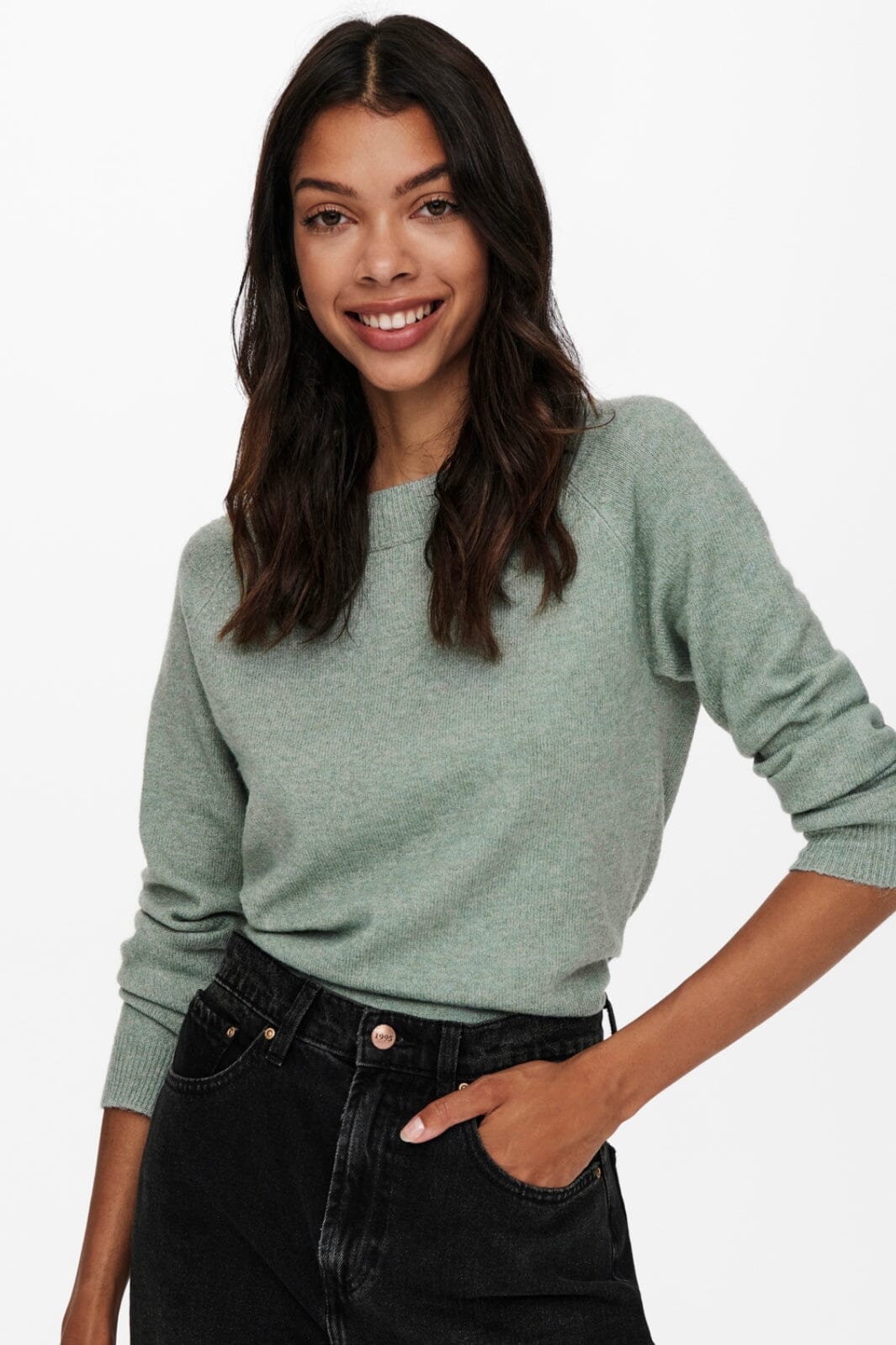 Only - Onlrica Life L/S Pullover Knt - 3601186 Chinois Green White Melange Strikbluser