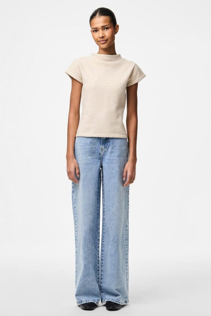 Pieces - Pcfamilla Ss Mock Neck Knit Top Fsy - 4861089 Silver Gray Melange