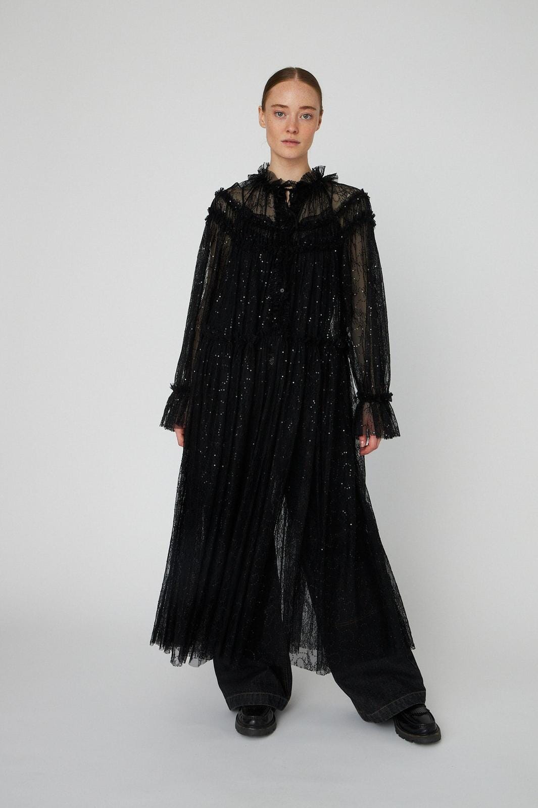Stella Nova - Sheer Lace Maxi Cape Dressls54-4306 - 999 Black Kjoler