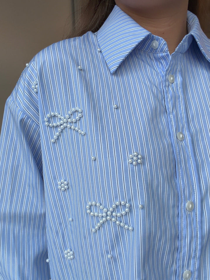 Dear Molly - Pearl Bow Shirt 160786C - Blue W.black Strip