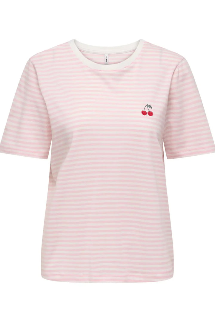 Only - Onlhappy Life S/S Emb Top - 5030048 Cloud Dancer Romance Rose + Cherry