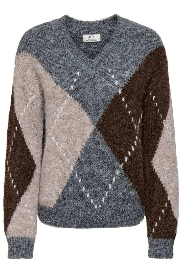 JDY - Jdyzoey L/S V-Neck Argyle Pullover Knt - 5122982 Medium Grey Melange Chateau Gray/Chocolate Brown Argyle