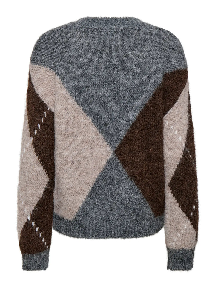 JDY - Jdyzoey L/S V-Neck Argyle Pullover Knt - 5122982 Medium Grey Melange Chateau Gray/Chocolate Brown Argyle