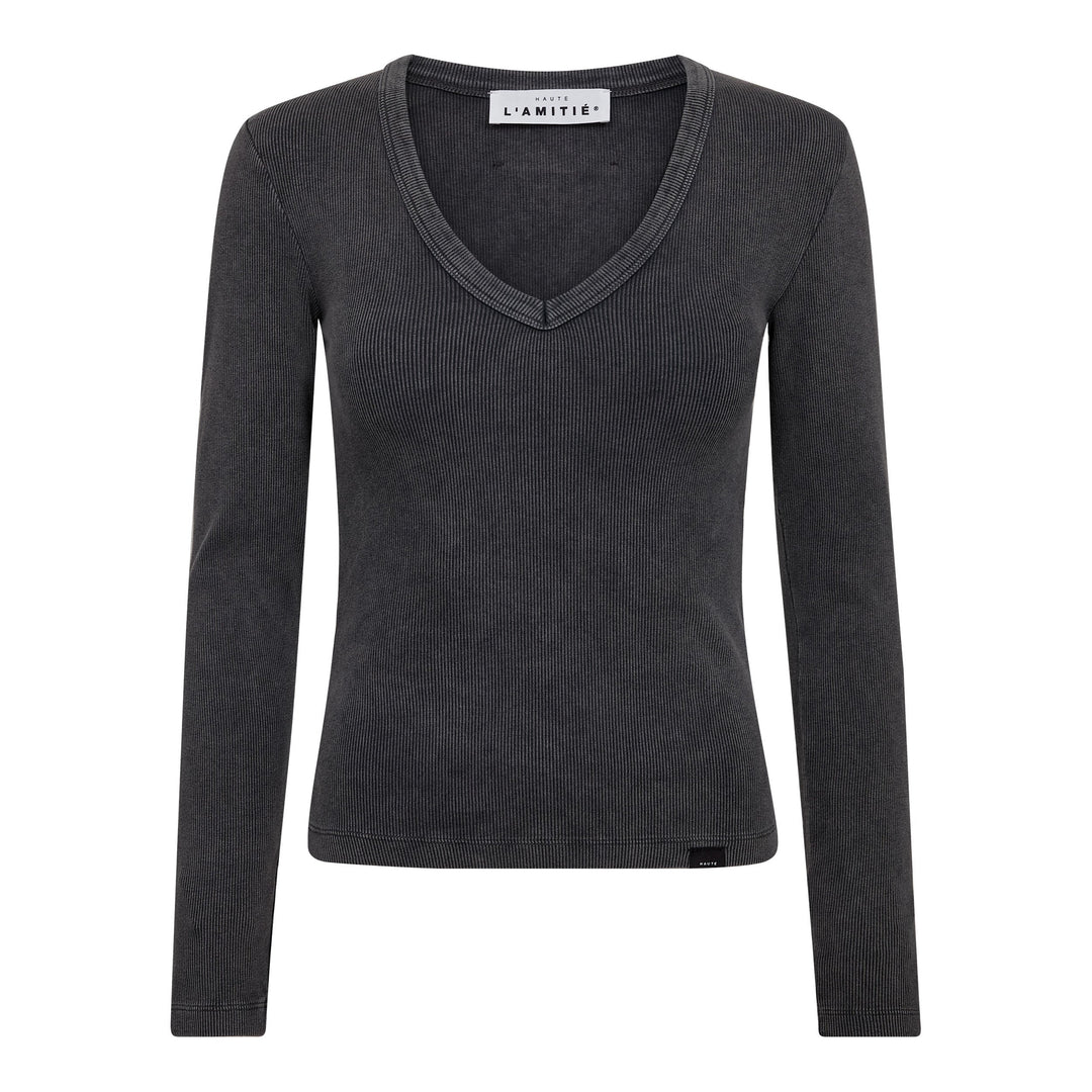 Haute L'Amitié - Deep V Ls Rib Acid Tee HL10892 - Black Acid Wash