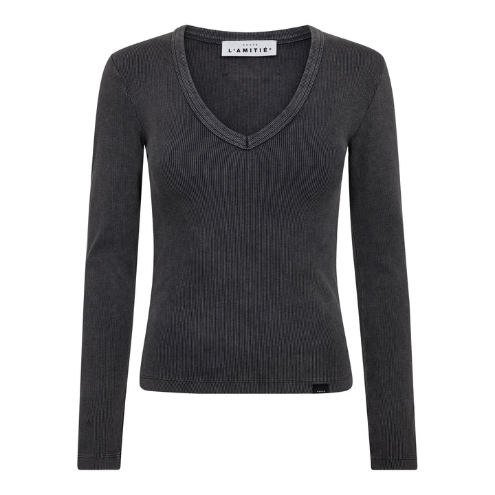 Haute L'Amitié - Deep V Ls Rib Acid Tee HL10892 - Black Acid Wash