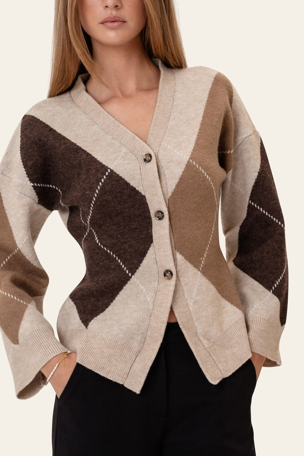 BYIC - Karmaic Fitted Cardigan H081 - Beige Argyle