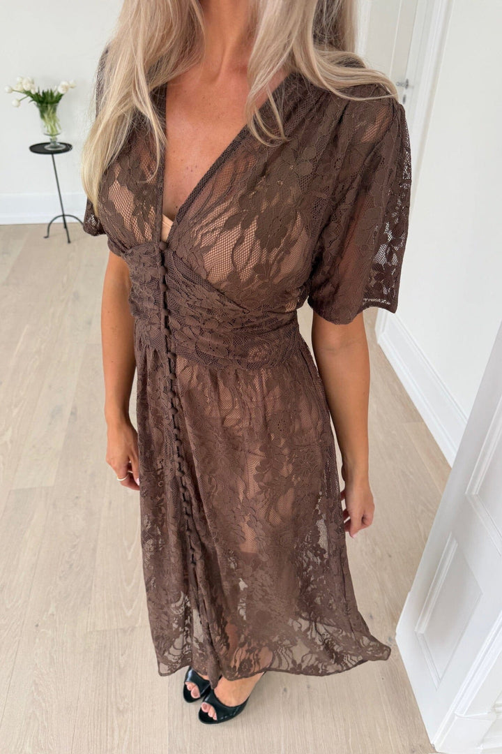 Byic x Molly&My - Adeliaic Long Dress A23876 - Dark Brown Lace Kjoler 