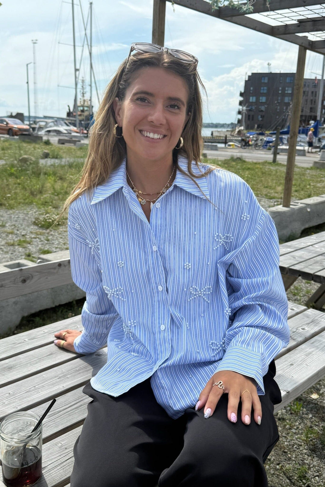 Dear Molly - Pearl Bow Shirt 160786C - Blue W.black Strip1 Skjorter 