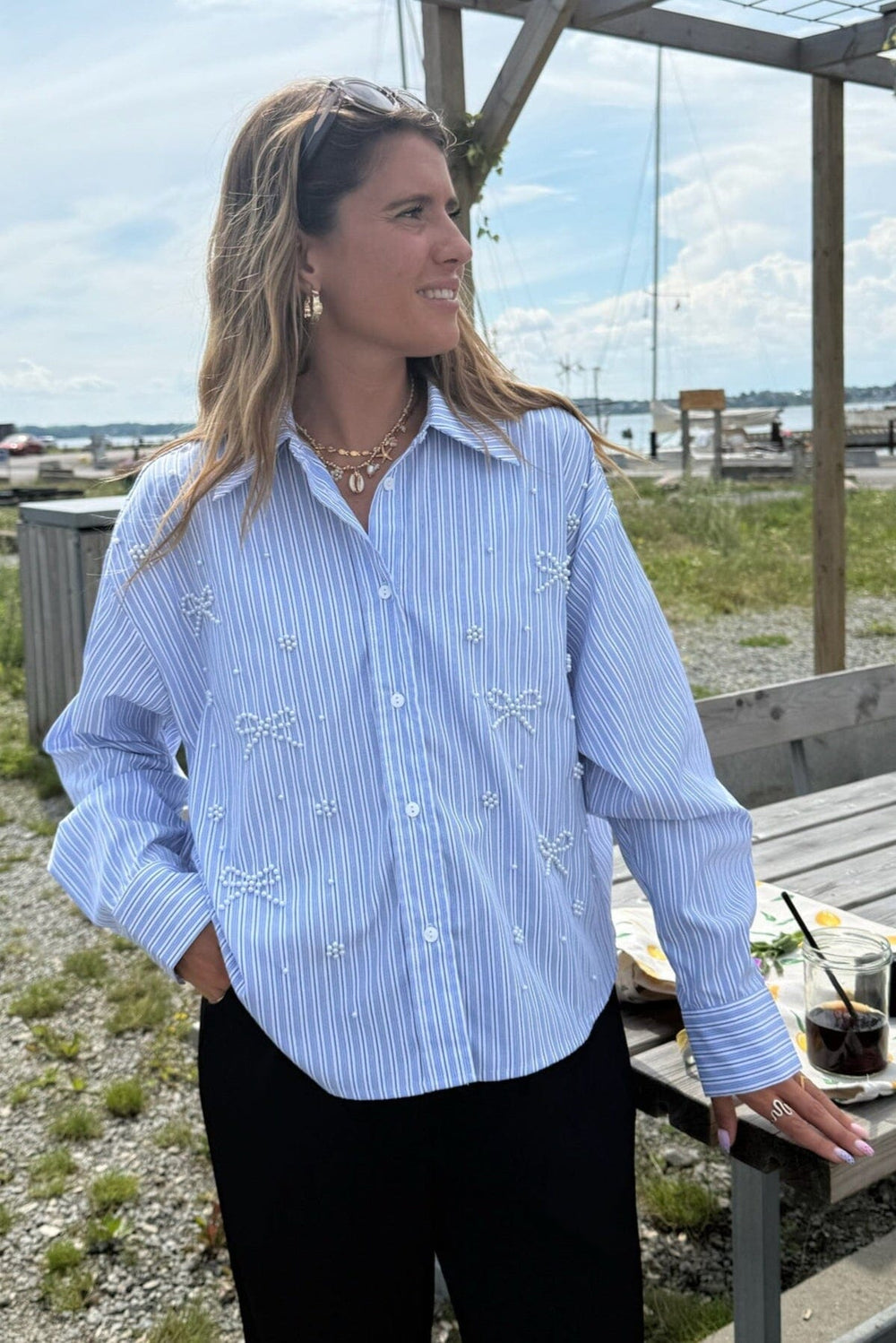 Dear Molly - Pearl Bow Shirt 160786C - Blue W.black Strip1 Skjorter 