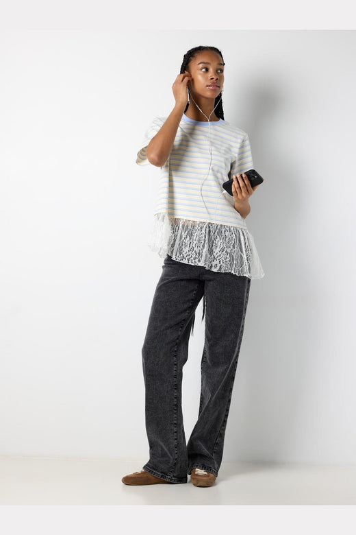 Noisy May - Nmember Ss Stripe Lace Top - 5191155 Birch Cashmere Blue