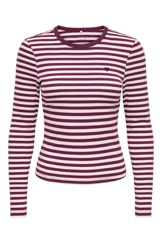 Only - Onlval L/S O-Neck Stripe Top - 5084119 Fig Pale Lilac (Mette) + Emb. Heart