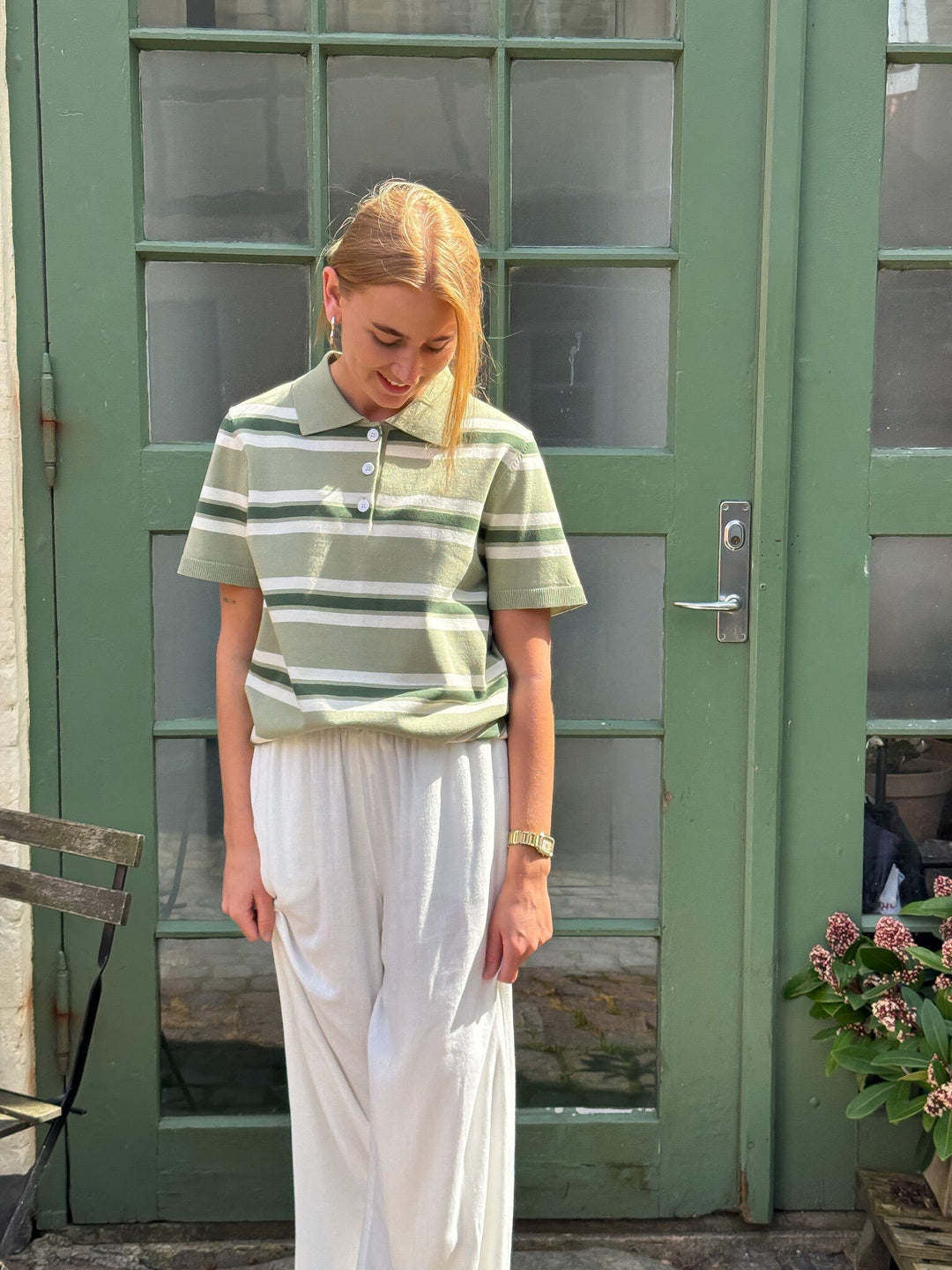 Forudbestilling - A-VIEW - Polo Stripe Knit Blouse AV5060 - 859 - Dusty Green Bluser 