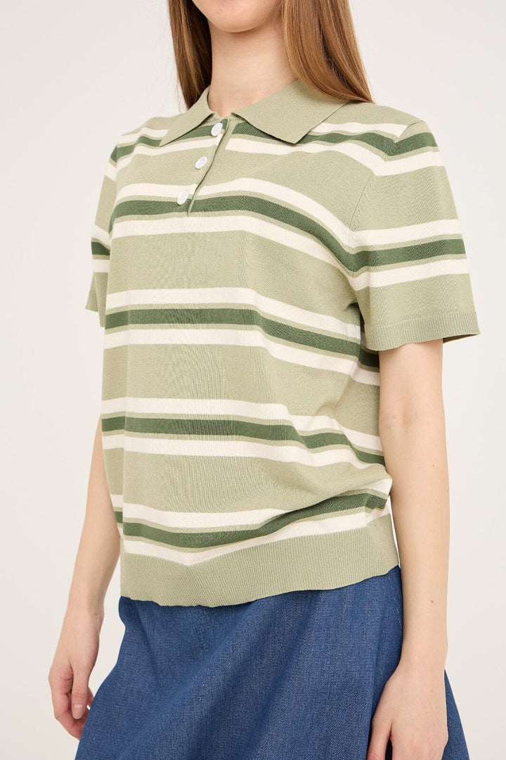 A-VIEW - Polo Stripe Knit Blouse AV5060 - 859 - Dusty Green
