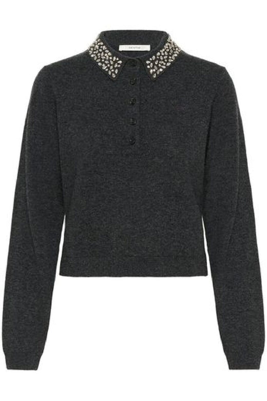 Gestuz - Gzmanzi Deco Polo Pullover 10910778 - 106530 - Deep Graphite Melange Strikbluser 