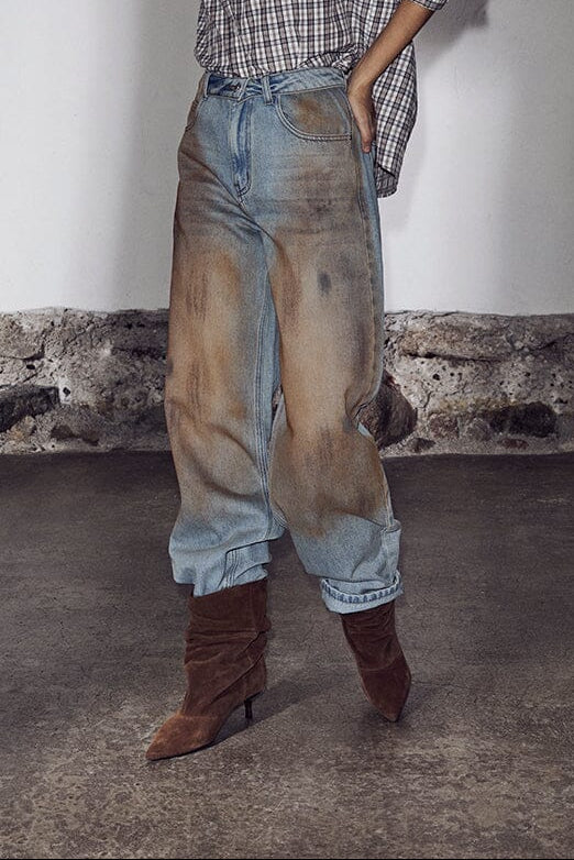 Haute L'Amitié - Barrel Vintage Wash Flip Jeans HL10717 - Bleach Dirt Denim Jeans 