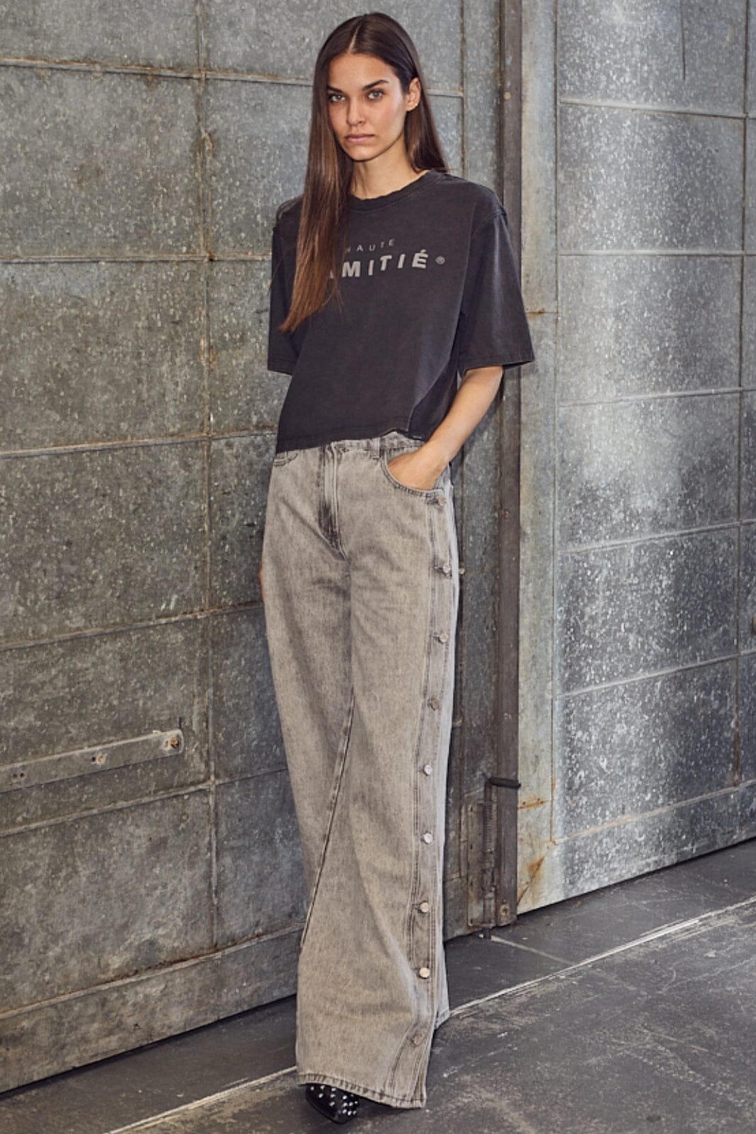 Haute L'Amitié - Side Panel Button Jeans HL10328 - Light Grey Jeans 