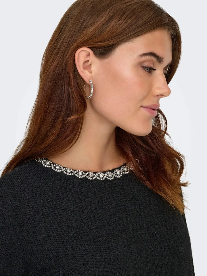 JDY - Jdyalva Life L/S Embellish Pullover Knt - 4907581 Black Silver Embellishment Strikbluser 