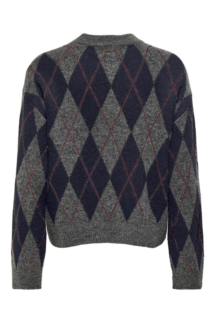 JDY - Jdybianka L/S Argyle Pullover Knt - 5147301 Medium Grey Melange Argyle Night Sky/ Winetasting