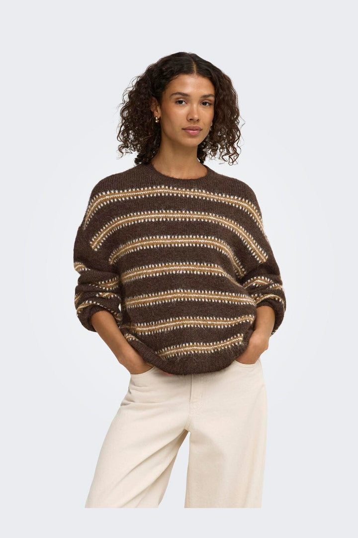 JDY - Jdydina L/S O-Neck Stripe Pullover Knt - 5111615 Chocolate Torte Bison & Cloud Dancer