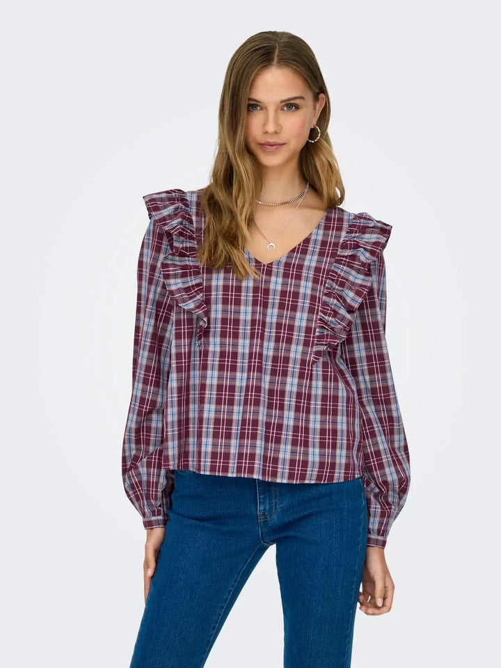 JDY - Jdydolly L/S Check Top - 4933633 Fig Black & Total Eclipse Bluser 