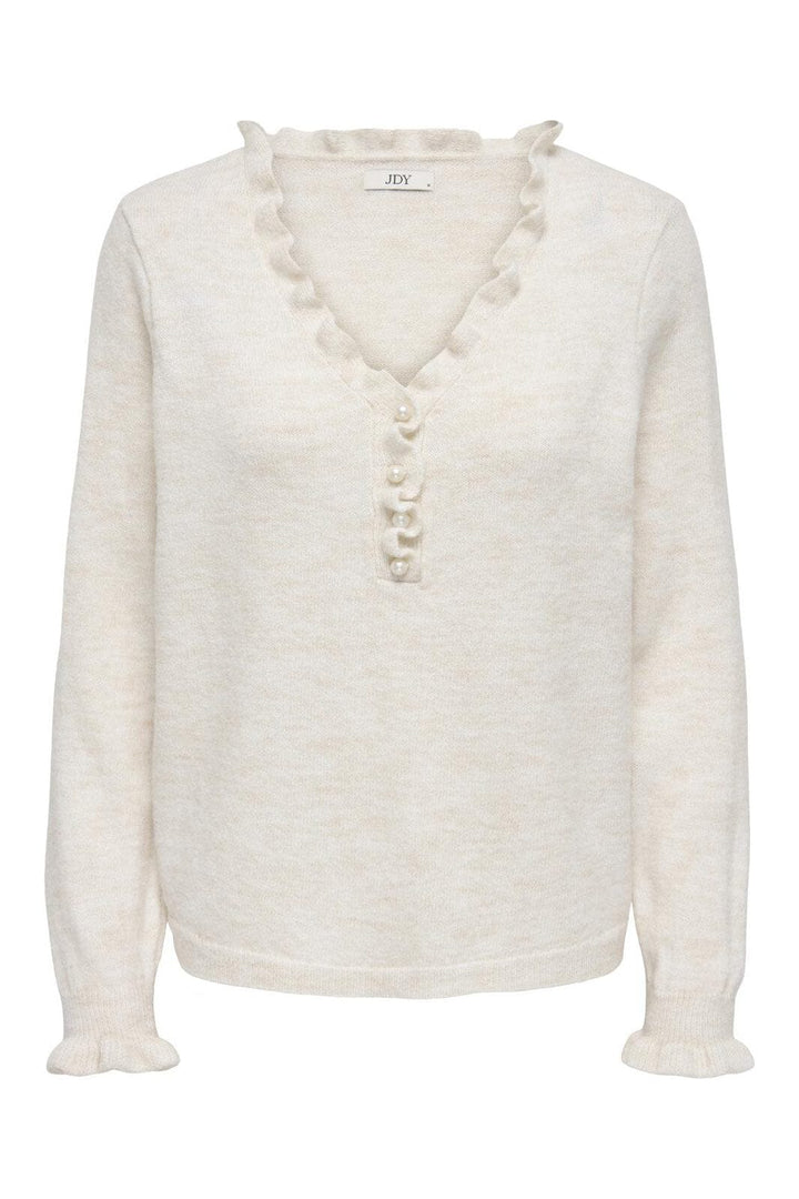 JDY - Jdyletty L/S V-Neck Frill Pullover Knt - 4930170 Egret Melange