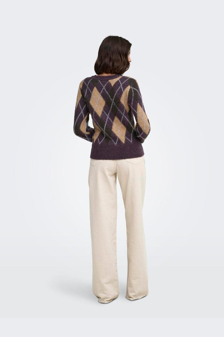 JDY - Jdyreese L/S O-Neck Argyle Pullover Knt - 5140650 Plum Perfect W. Chocolate Torte/Toasted Coconut/Lavender Gray Argyle