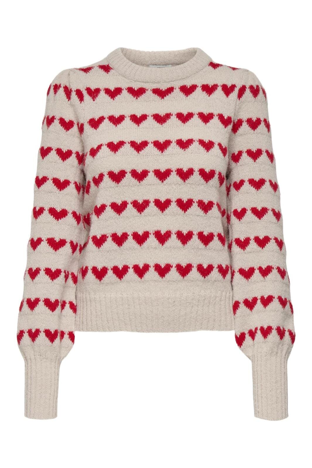 JDY - Jdysigrid Life L/S On Puff Pull Knt - 4815980 Cement W. Mars Red Hearts