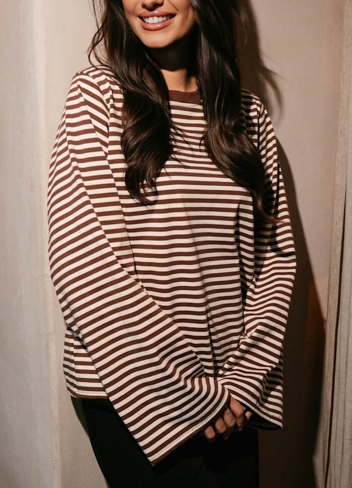 Liberte - Nalia Ls Boxy Tshirt 22473 - Brown Creme Stripe T-shirts 