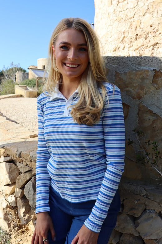 Liberte - Natalia-Ls-Polo-Blouse 22163 - Blue White Rose Stripe