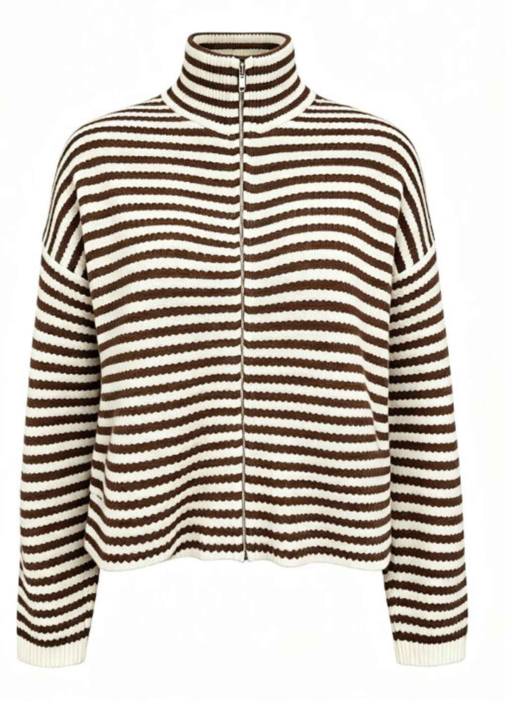 Liberte - Sara Ls Zip Cardigan 22476 - Brown Creme Stripe Cardigans 