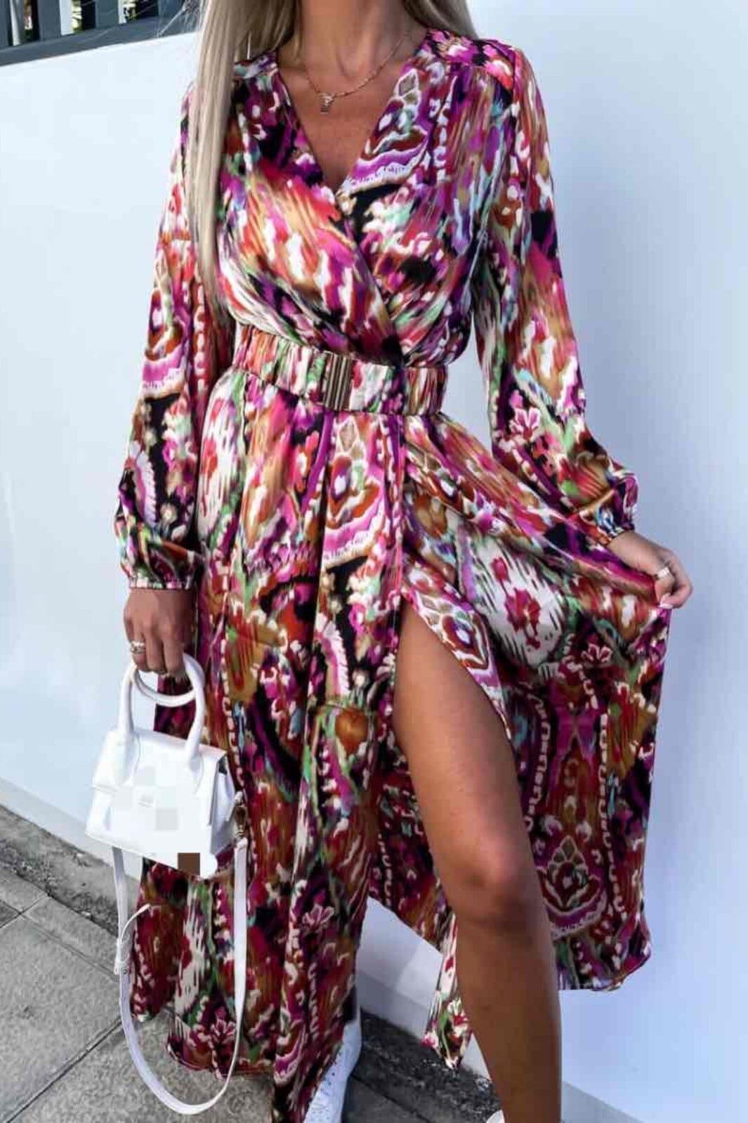 Long Printed Dress With Belt 7185 - Red Kjoler 