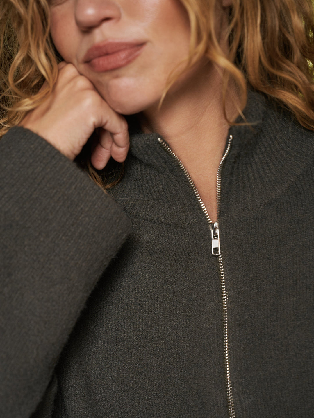 Neo Noir - Asley Zip Knit Cardigan 164973 - 456 - Moss Green Cardigans 