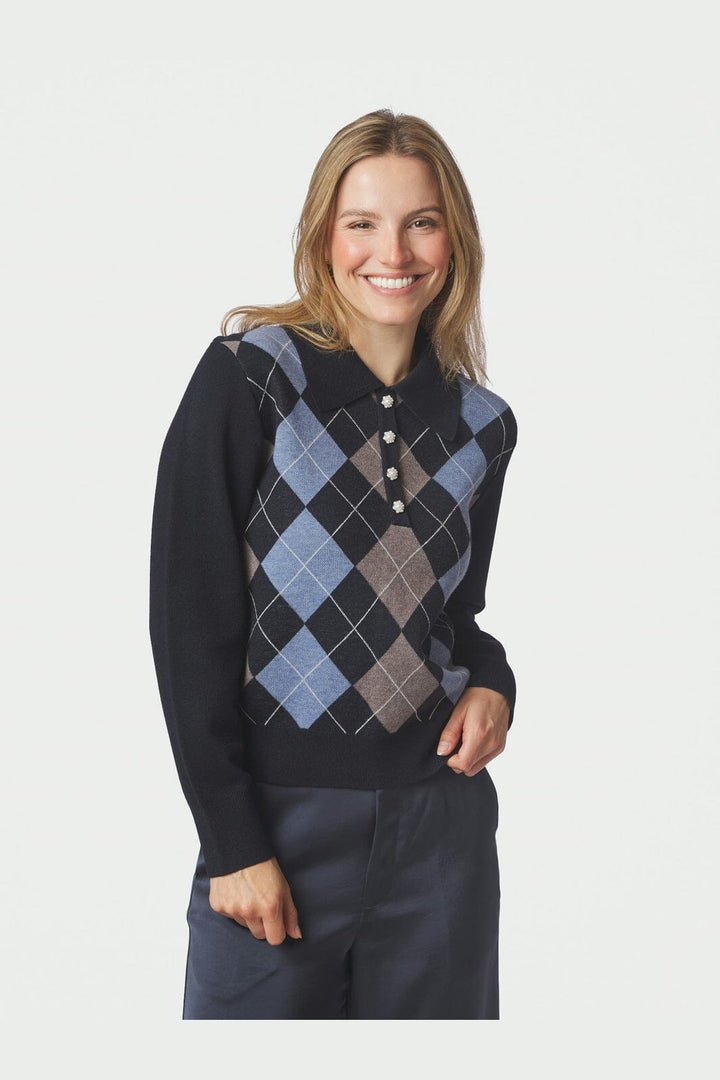 Neo Noir - Julina Check Knit Blouse 168829 - 141 - Navy