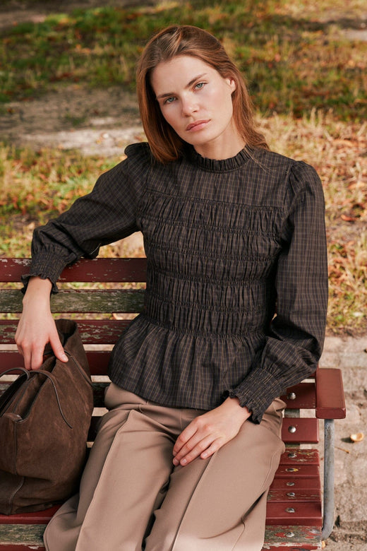 Neo Noir - Possa Big Check Blouse 170764 - 980 - Brown Check Bluser 