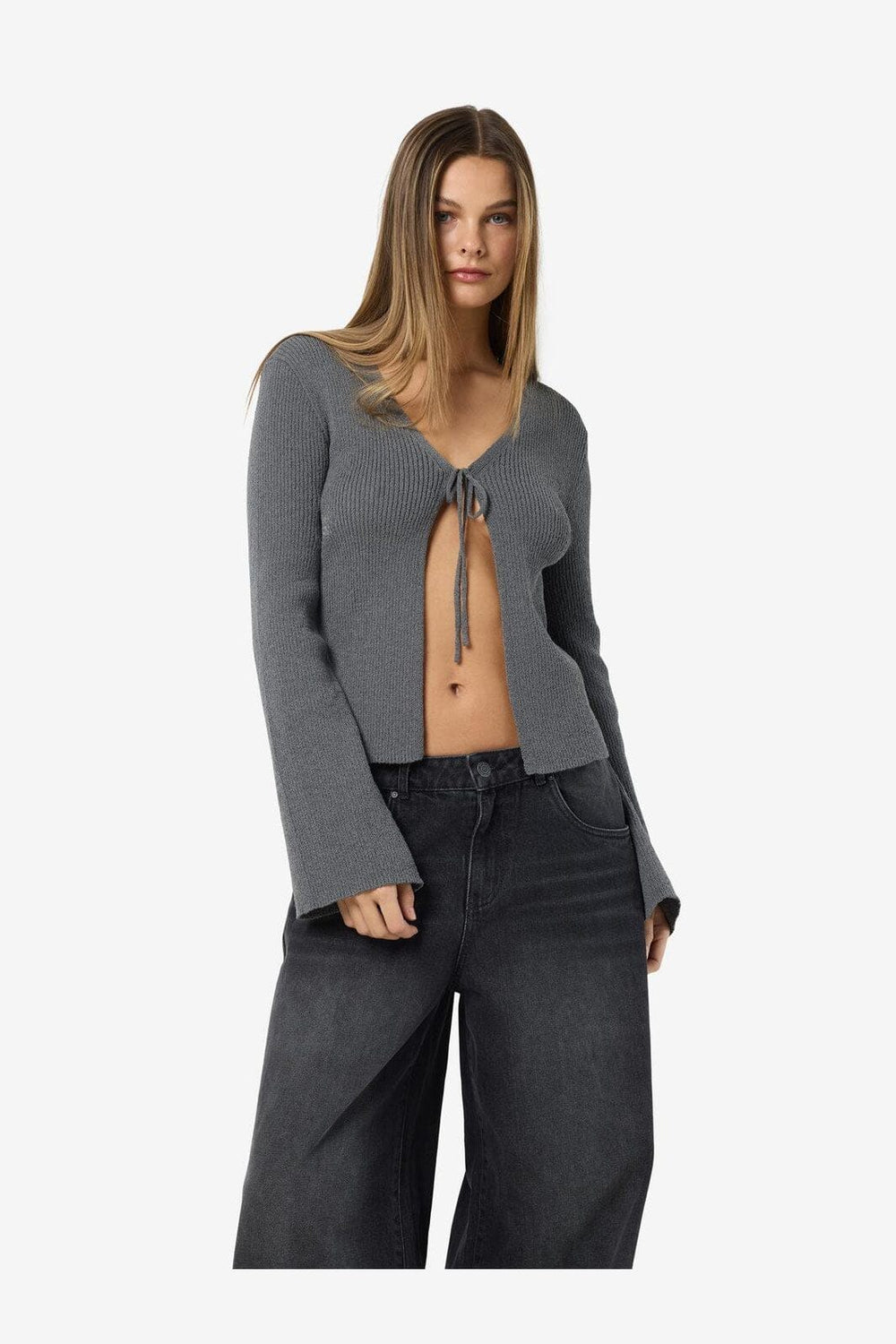 Noisy May - Nmaylin L/S Tie Knit Cardigan Dd - 4803686 Charcoal Gray