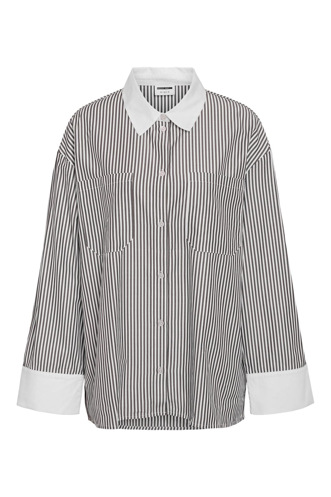 Noisy May - Nmfreja L/S Oversized Plain Shirt - 4842058 Cloud Dancer Black Stripes W. Cloud Dancer Contrast