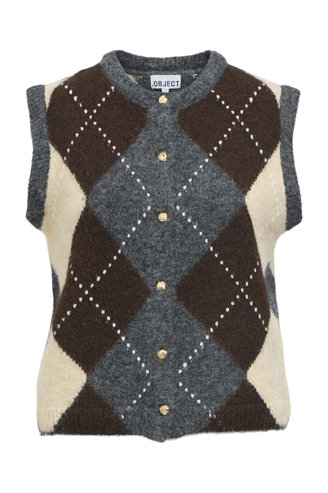 Object - Objbrenda Re Knit Vest Cardigan - 5159066 Medium Grey Melange Seal Brown + Sandshell
