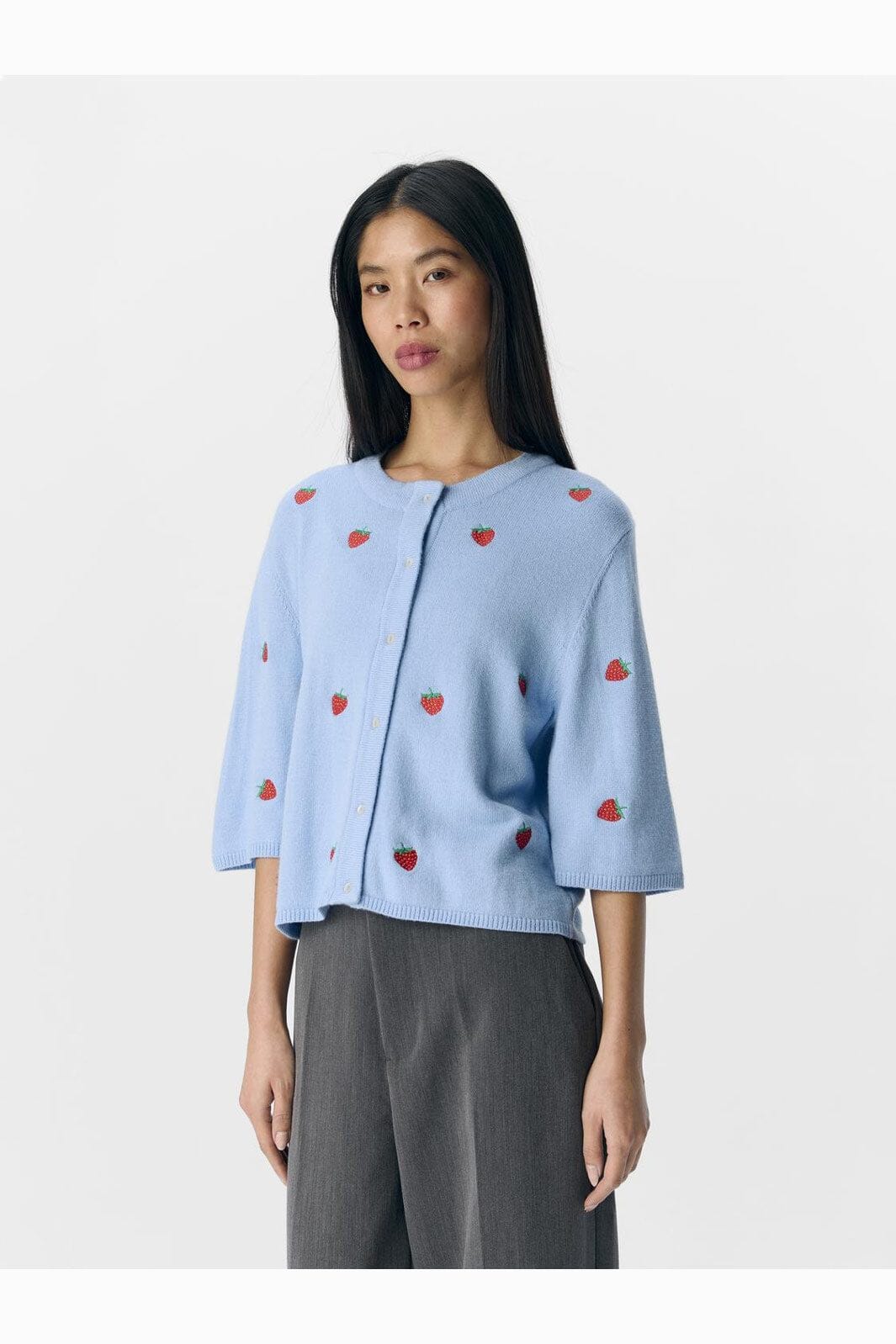 Object - Objthess 3/4 Sleeve Cardigan - 4621041 Serenity Strawberry Embroidery