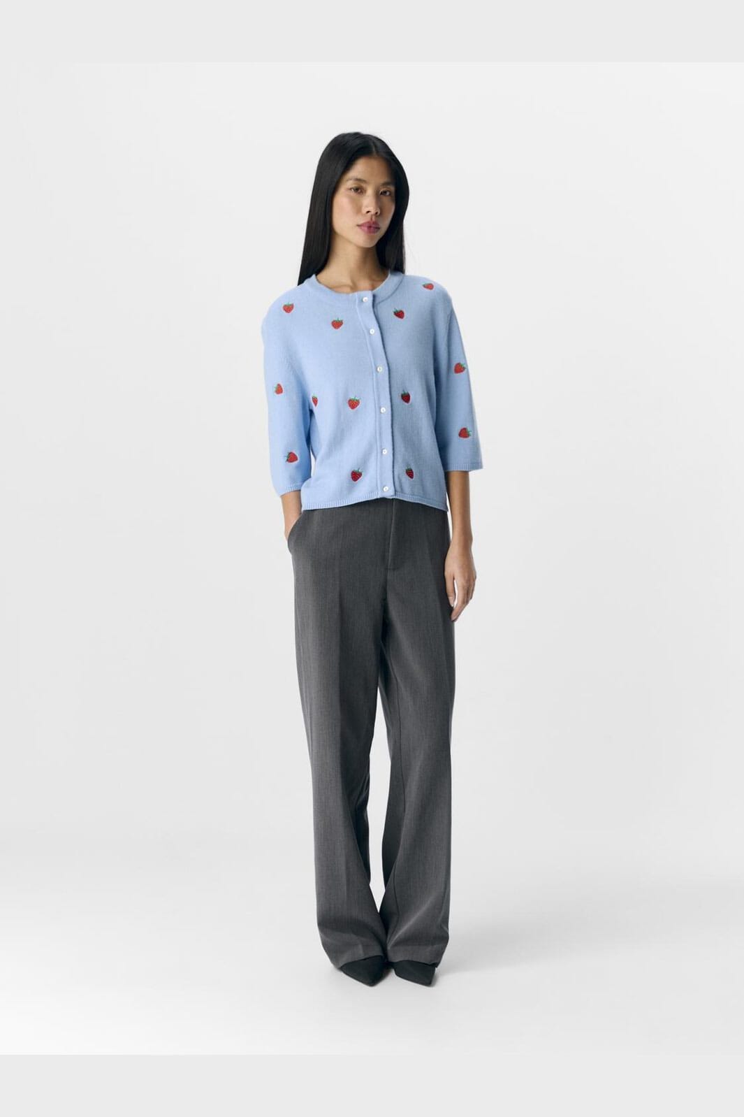 Object - Objthess 3/4 Sleeve Cardigan - 4621041 Serenity Strawberry Embroidery