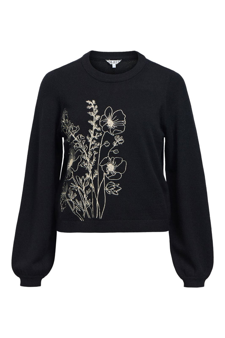 Object - Objthess Veri Ls Knit Emb Pullover - 5069743 Black Flower Embroidery