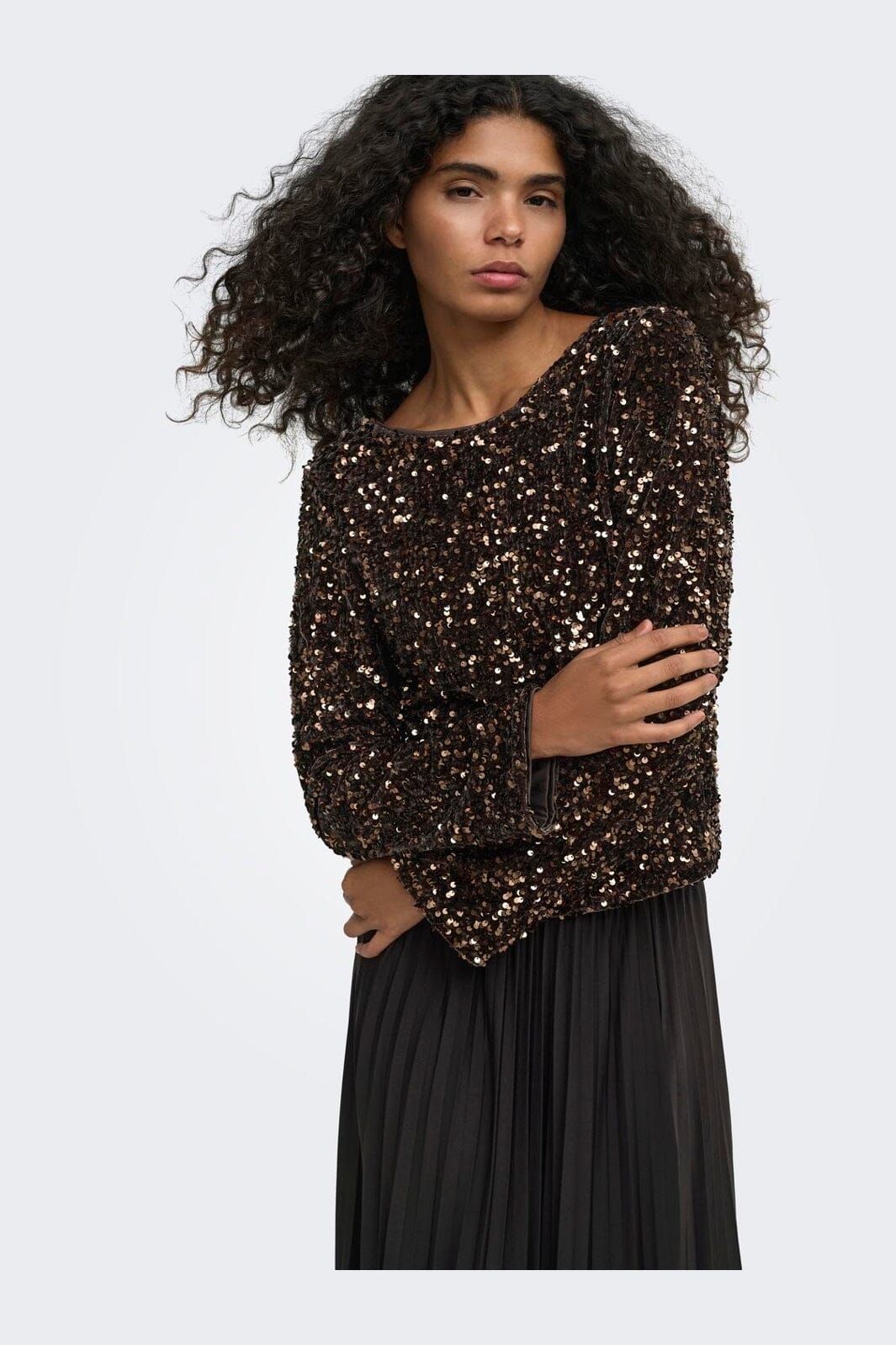 Only - Onlconfidence L/S Sequin Bow Top - 5128065 Chocolate Torte Dtm Sequin + Dtm Bow