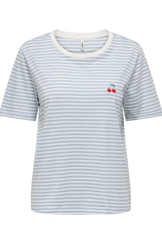 Only - Onlhappy Life S/S Emb Top - 5030049 Cloud Dancer Soft Chambray + Cherry T-shirts 
