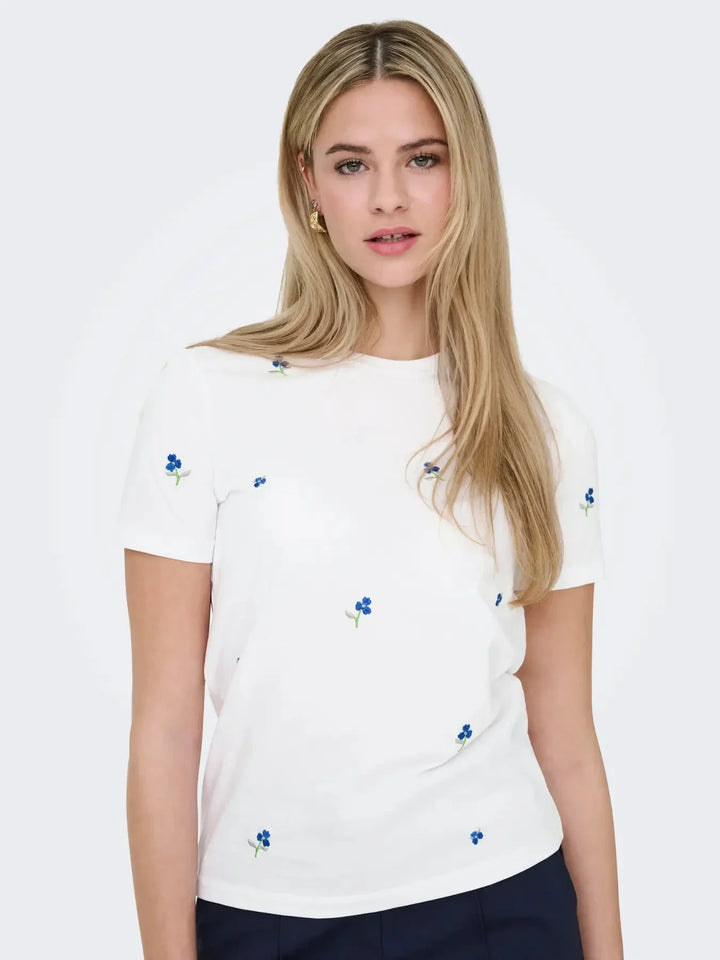 Only - Onlketty Life S/S O-Neck Top - 4947907 Bright White True Blue Flowers T-shirts 