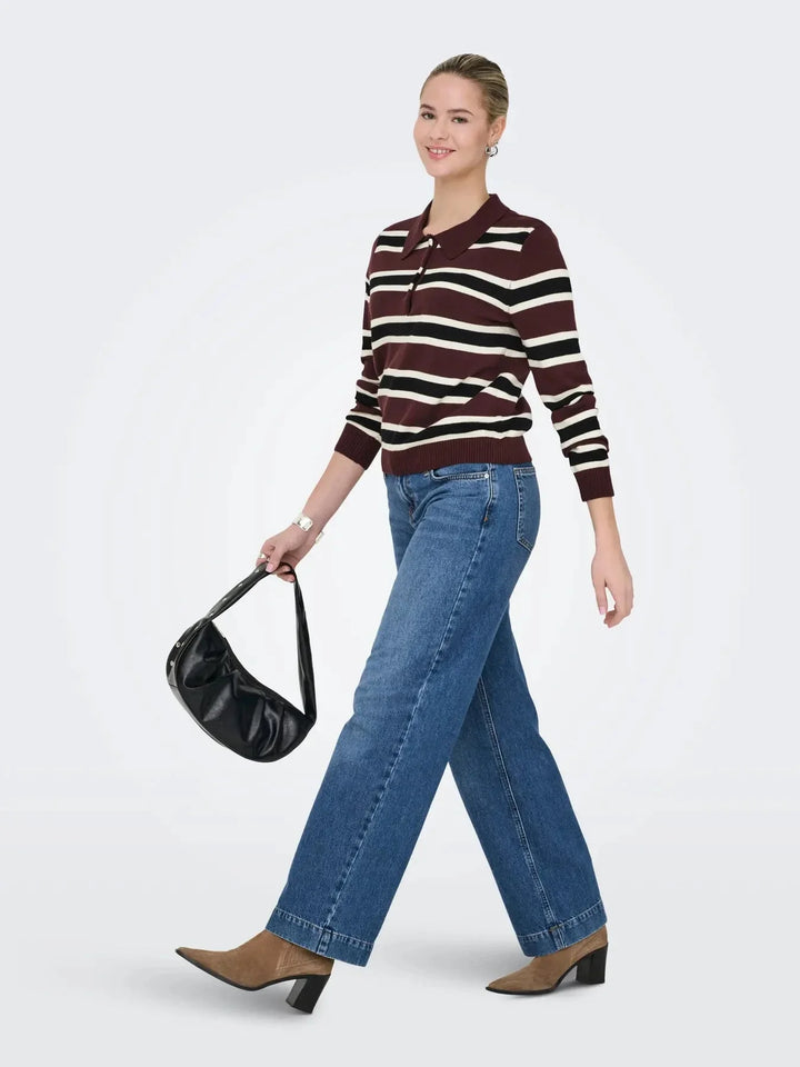 Only - Onllondon Ls Stripe Polo Cc Knt - 4947495 Decadent Chocolate Babys Breath/Black/Dtm Button Strikbluser 
