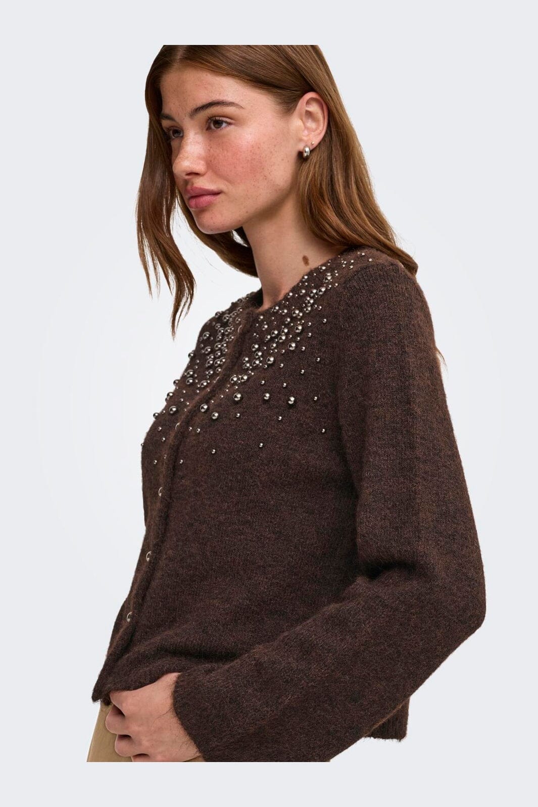 Only - Onlmiggie Ls O-Neck Pearl Cardi Knt - 5062031 Coffee Bean Melange/Silver Metal Pearl