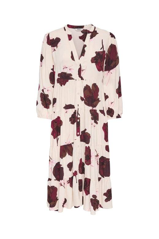 Only - Onlmilana Sola 3/4 Midi Dress - 5095462 Oatmeal Red Flower