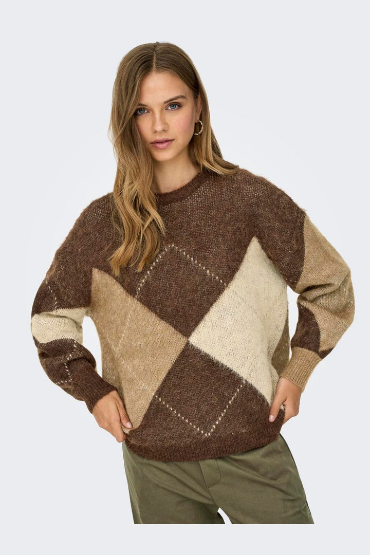 Only - Onlnoeme Life Ls Jq O-Neck Nca Knt - 4894899 Chestnut Cocoa Creme/Biscotti/Melange/Argyle