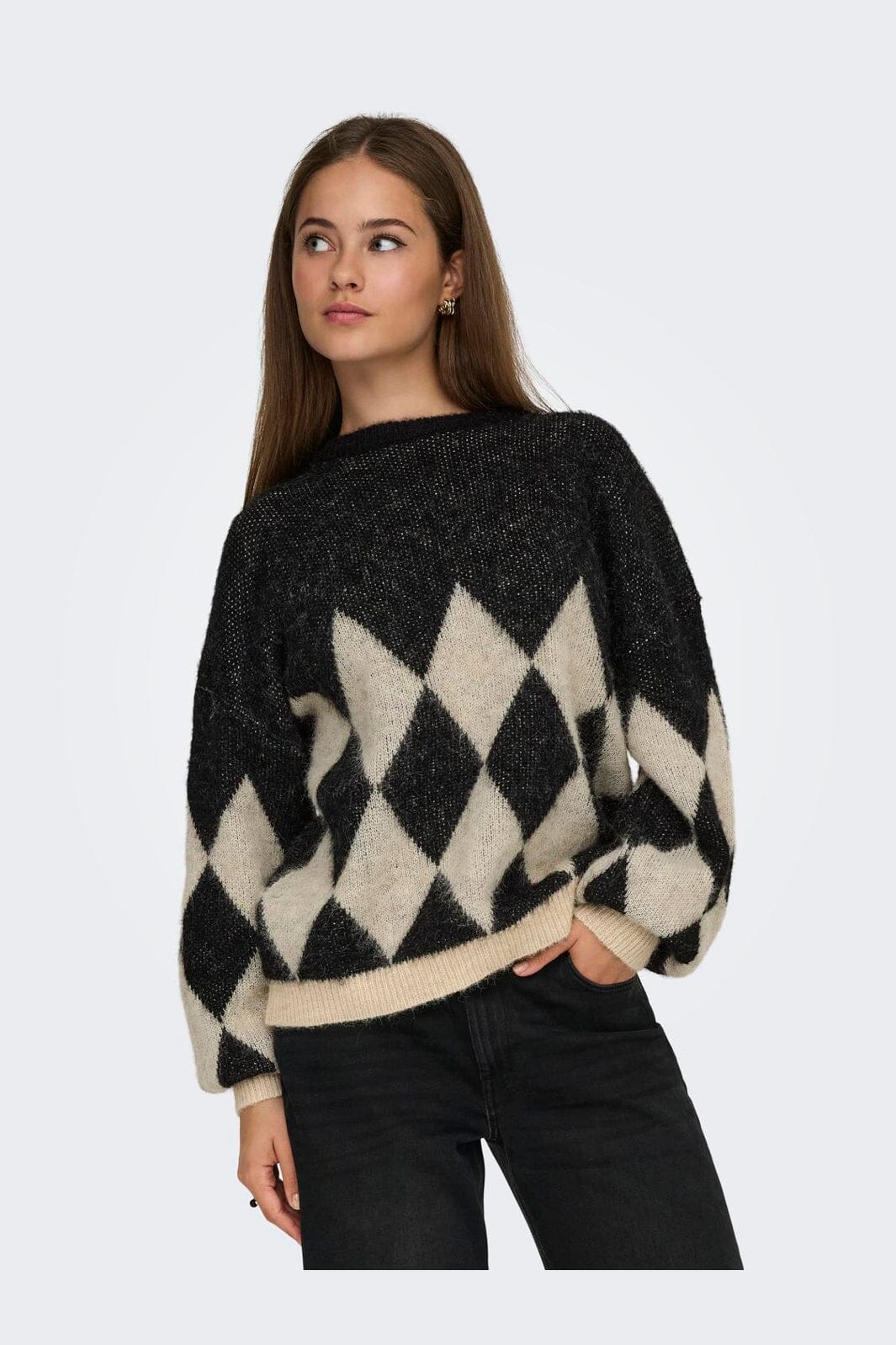 Only - Onlnoeme Life Ls Jq O-Neck Nca Knt - 4895268 Black Biscotti/Melange/Harlekin